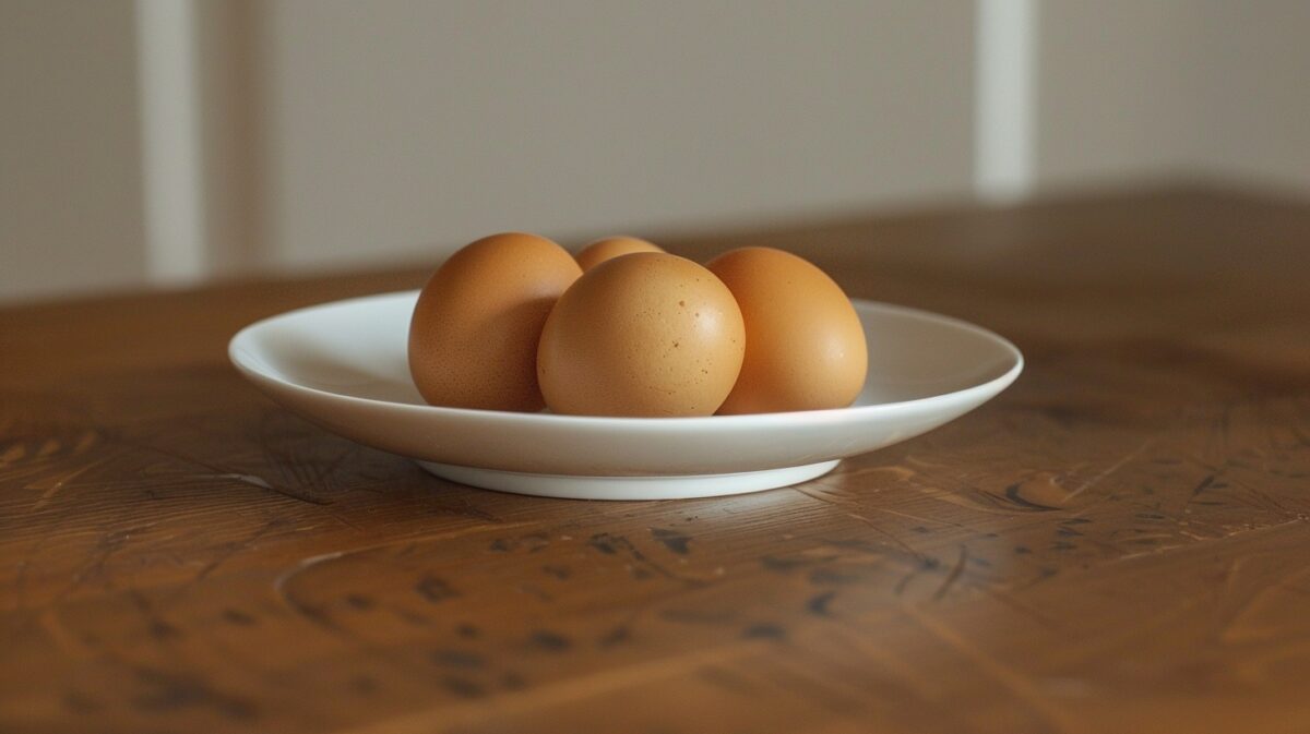 4 jaja na belom tanjiru na stolu