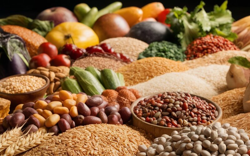 Na slici su prikazani zdravi ugljeni hidrati: integralne žitarice, orasasti plodovi, povrce, mahunarke