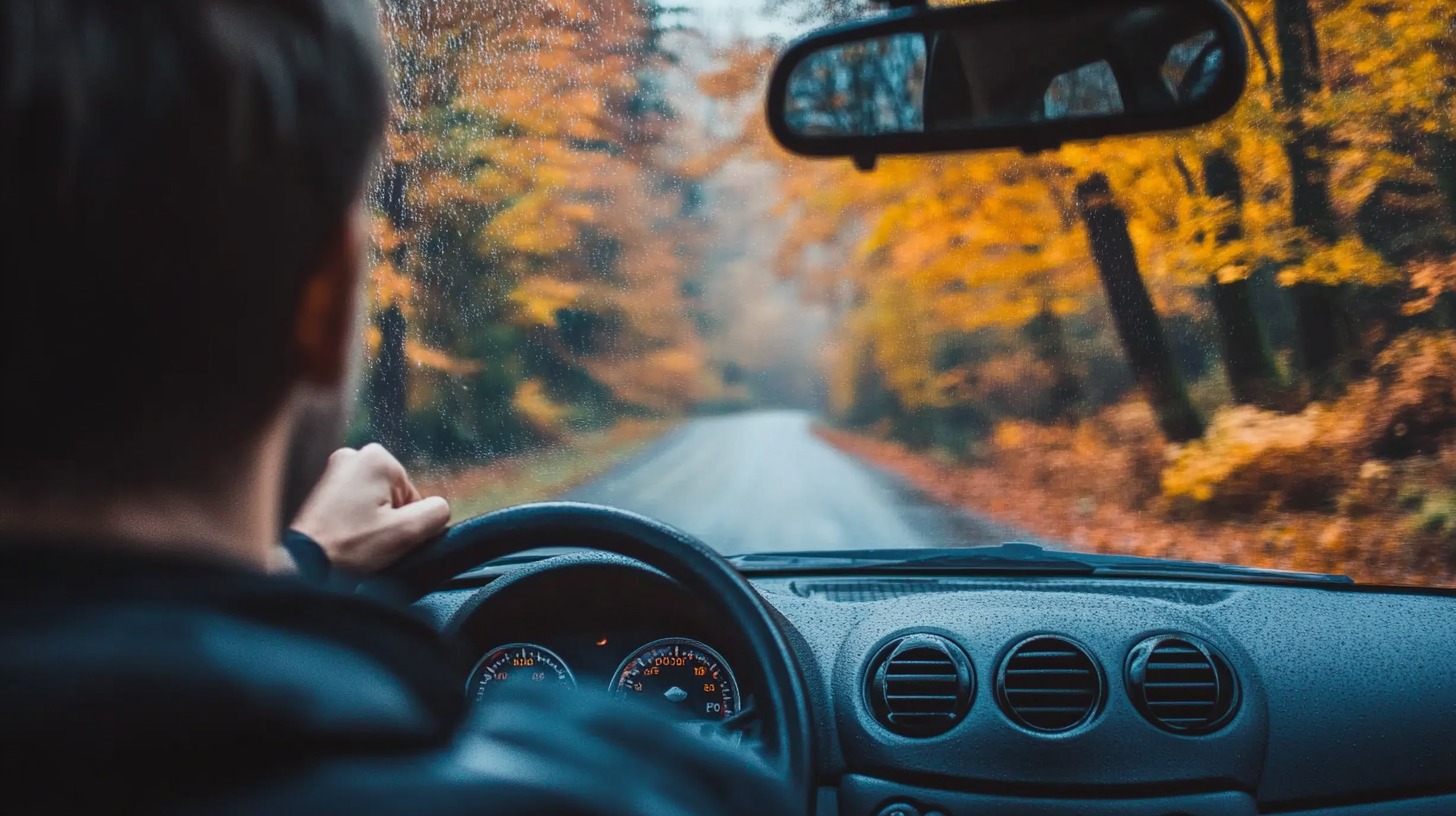 Vozač posmatra put kroz vetrobran automobila dok vozi kroz šumoviti predeo u jesen, sa drvećem koje je obojeno u tople nijanse žute i narandžaste.