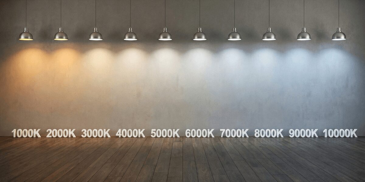 Vizuelni prikaz temperature svetla u enterijeru, od toplog ลพutog osvetljenja do hladnog plaviฤastog svetla, oznaฤen u Kelvinima.