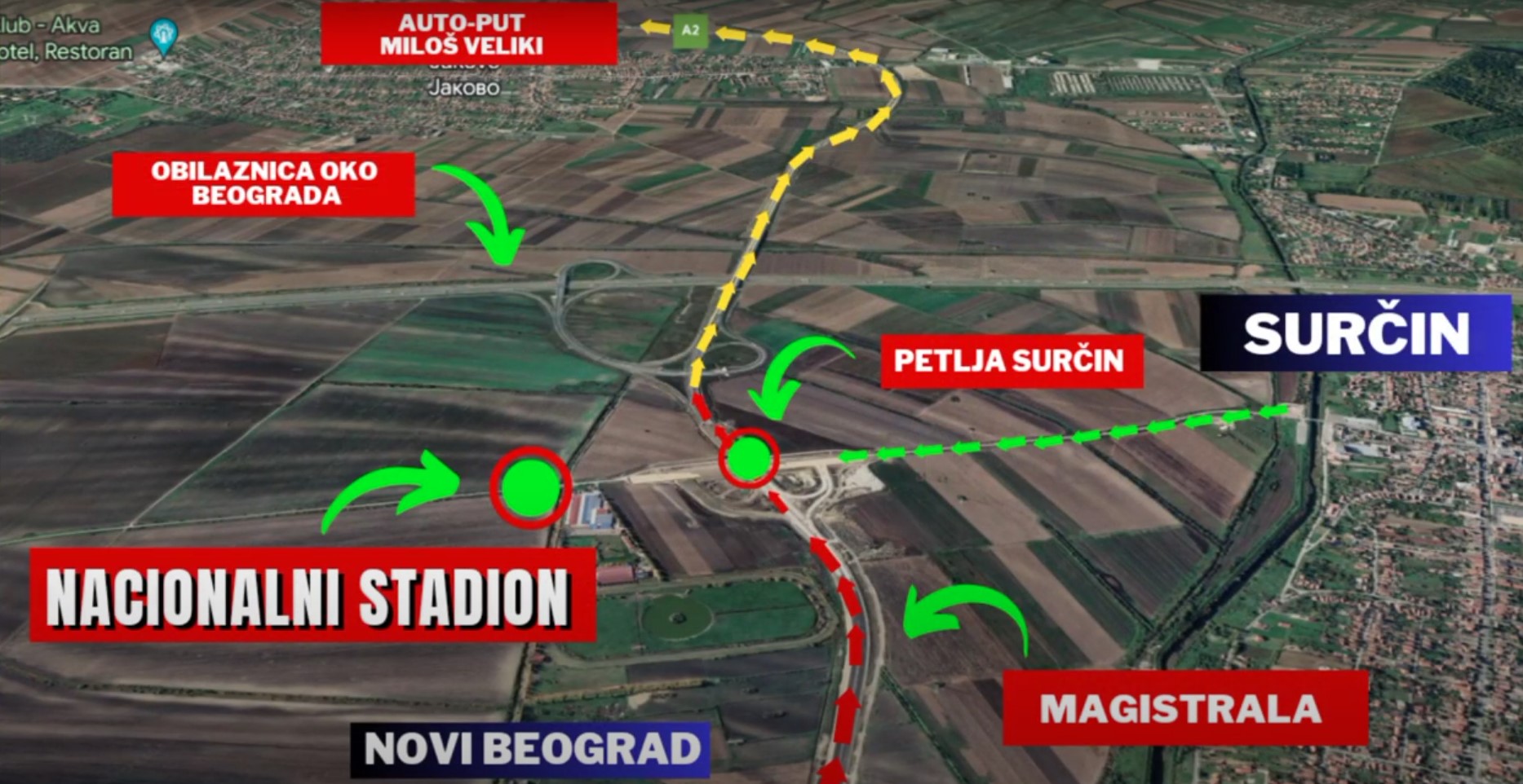 Lokacija Nacionalnog stadiona u Surčinskom polju sa oznakama lokacija petlji, obilaznice i lokacije samog stadiona