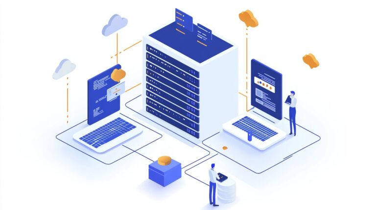 Ilustracija koja prikazuje serversku infrastrukturu sa laptopovima i korisnicima koji komuniciraju putem oblaka i podataka, simbolizujući hosting usluge