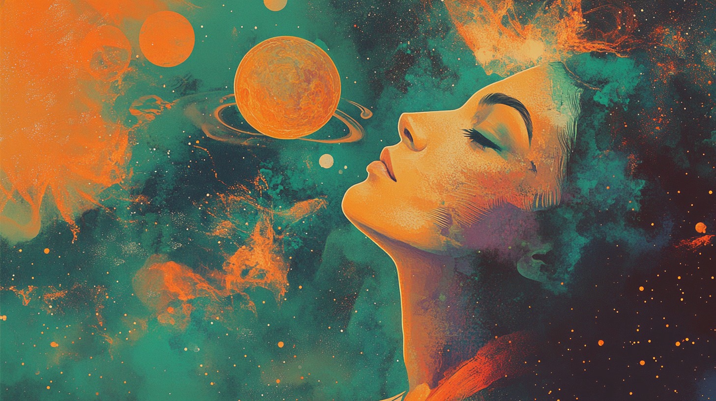 Digitalna ilustracija žene u astralnoj meditaciji sa planetama u pozadini, simbolizujući astrološke uticaje