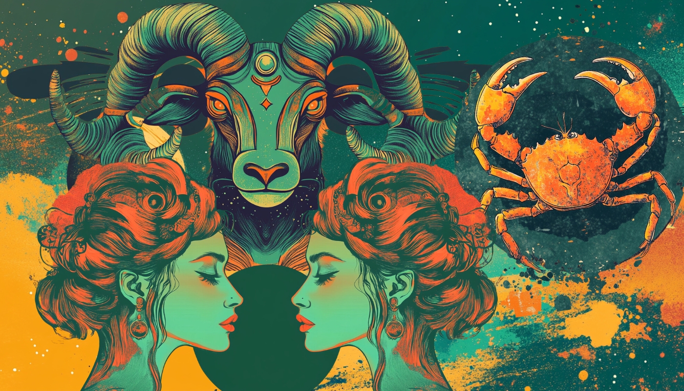 Ilustracija sa znacima Zodijaka Ovna, Blizanaca i Raka u živopisnim bojama