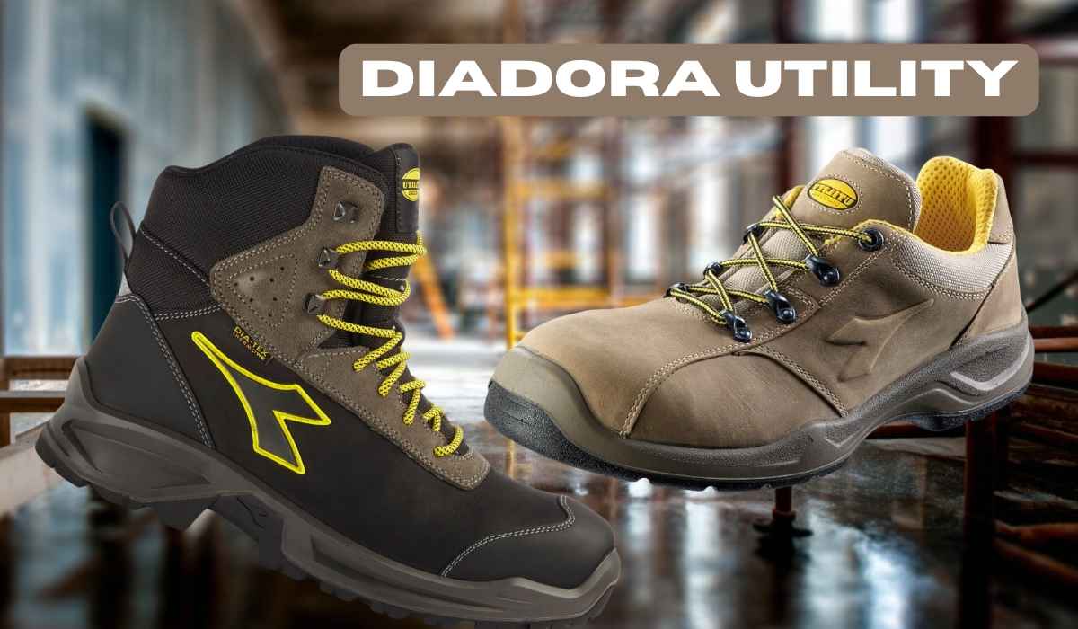 Slika dva modela Diadora Utility radnih cipela, jednih visokih u crno-ลพutim tonovima i jednih niskih u beลพ boji, postavljenih na industrijskoj pozadini