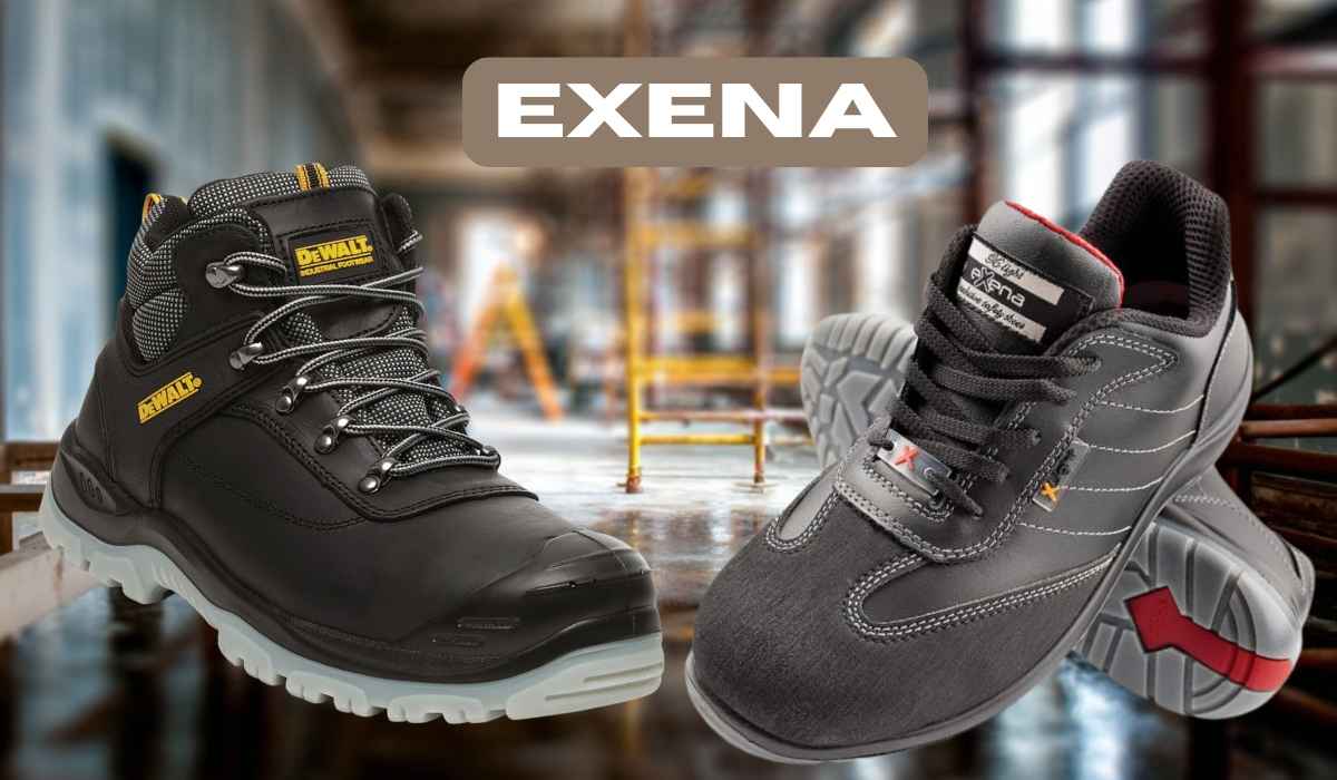 Slika dva modela Exena radnih cipela โ jedne crne visoke i jedne sportske niske sive, na industrijskoj pozadini sa bledim skelama i radnim okruลพenjem