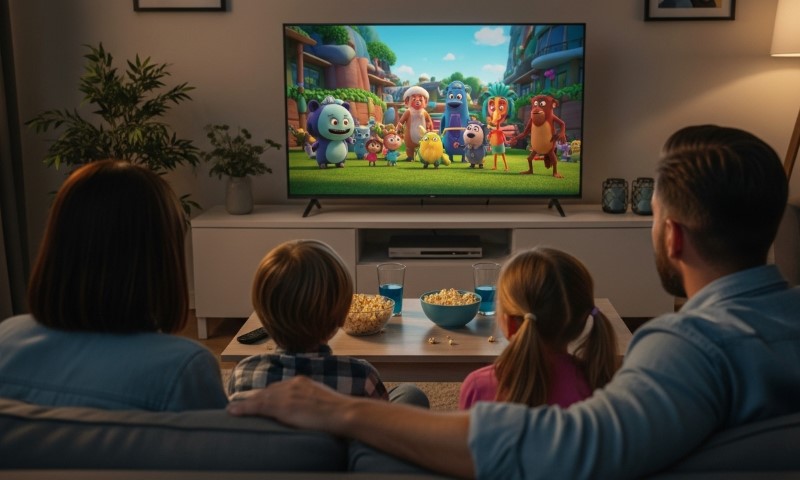 Četvoročlana porodica na kauču, gledaju crtani film