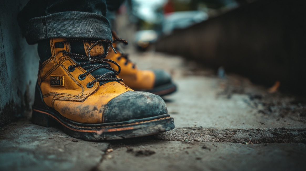 Žute radne cipele na pločniku, blago prljave od terenskog rada