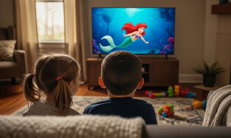 Brat i sestra gledaju Malu sirenu na televizoru u dnevnoj sobi