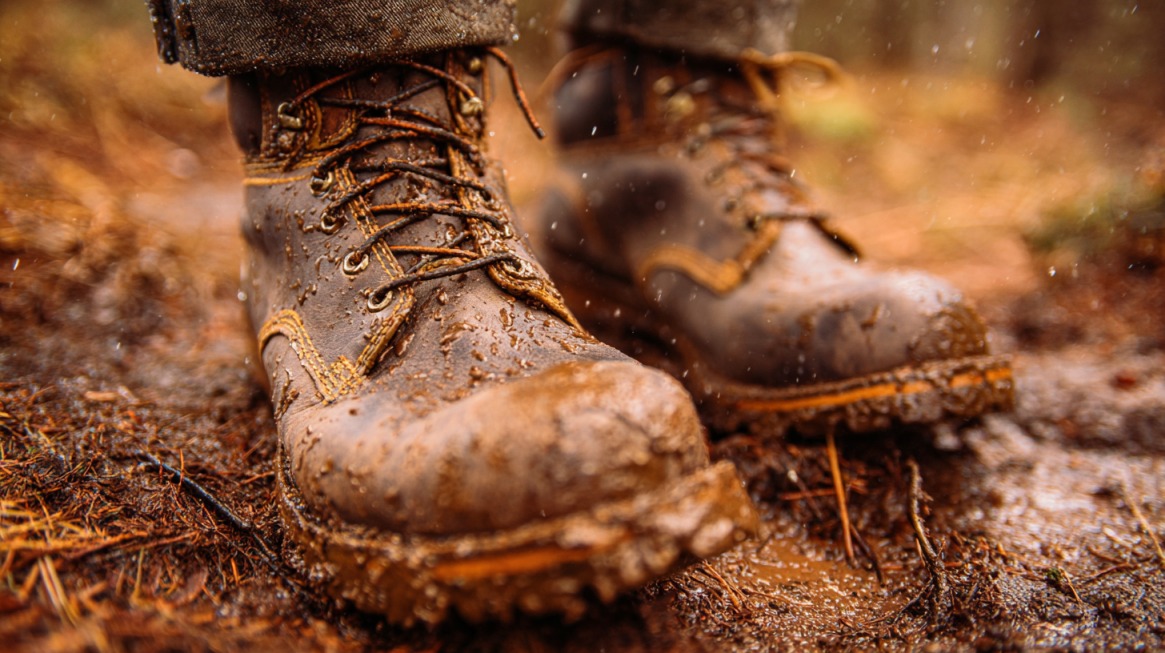 Blatom prekrivene radne cipele na mokrom, ลกumskom terenu tokom kiลกe