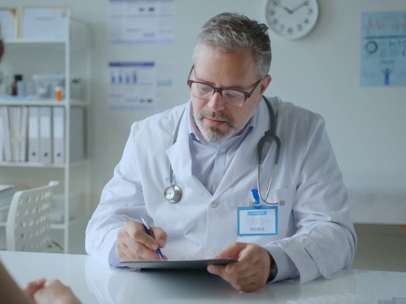 lekar popunjava nešto na papiru