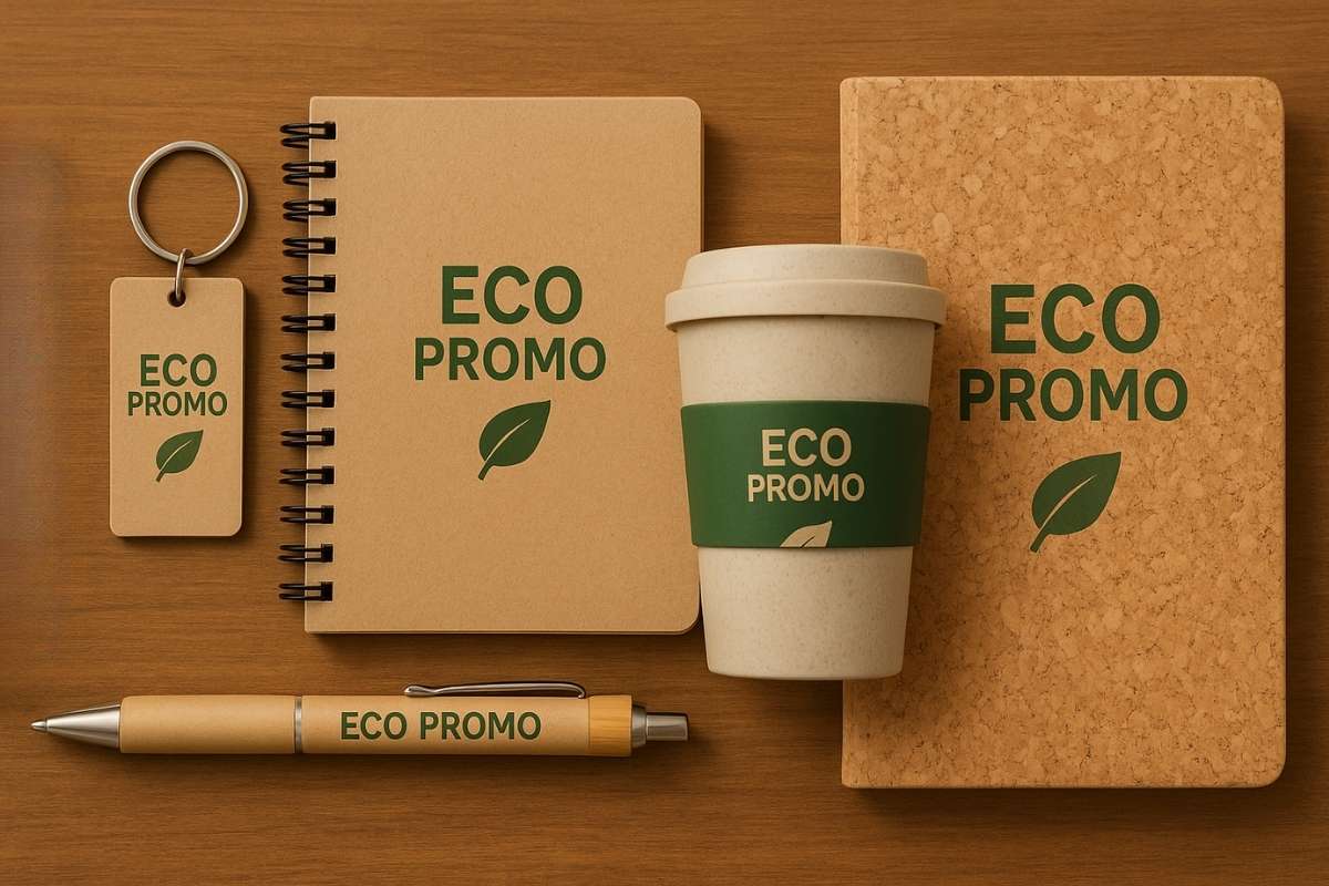 Drvene hemijske, notesi i šolja sa natpisom „Eco Promo“ na drvenoj površini