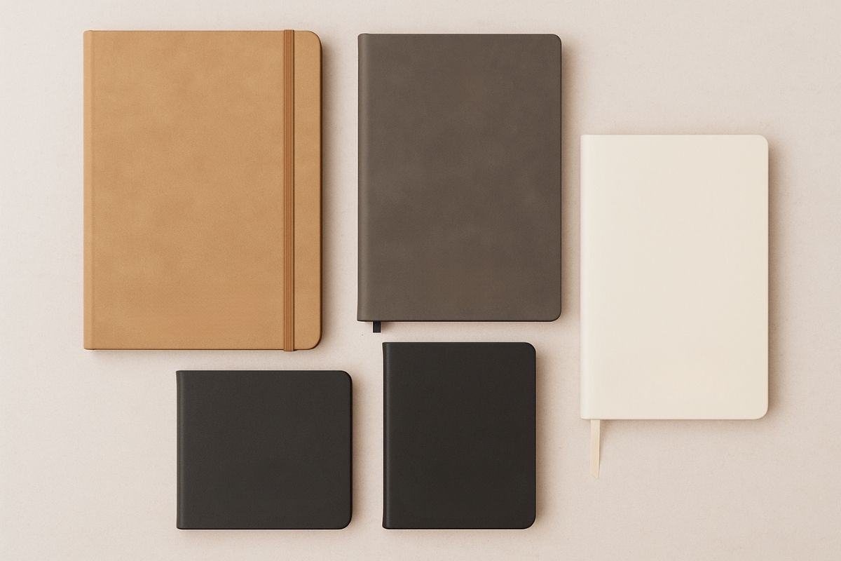 Raspoređeni personalizovani rokovnici i planeri u različitim bojama i veličinama na stolu