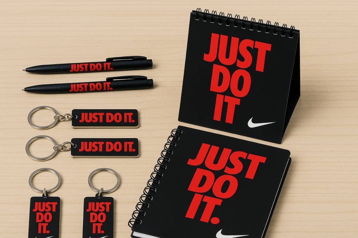 Promotivni materijal sa logotipom i sloganom „Just Do It“ na stolu