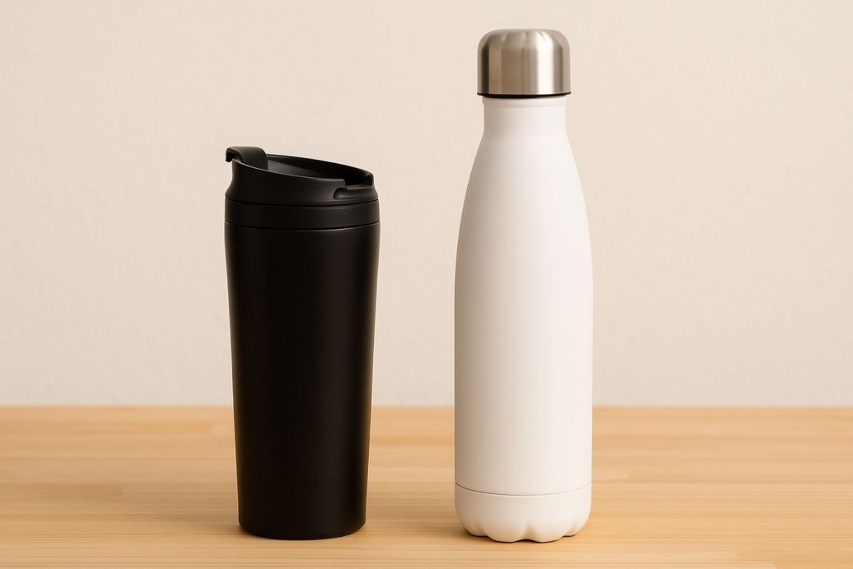 Crna termo šolja i bela boca za vodu postavljene na stolu, spremne za brendiranje logotipom