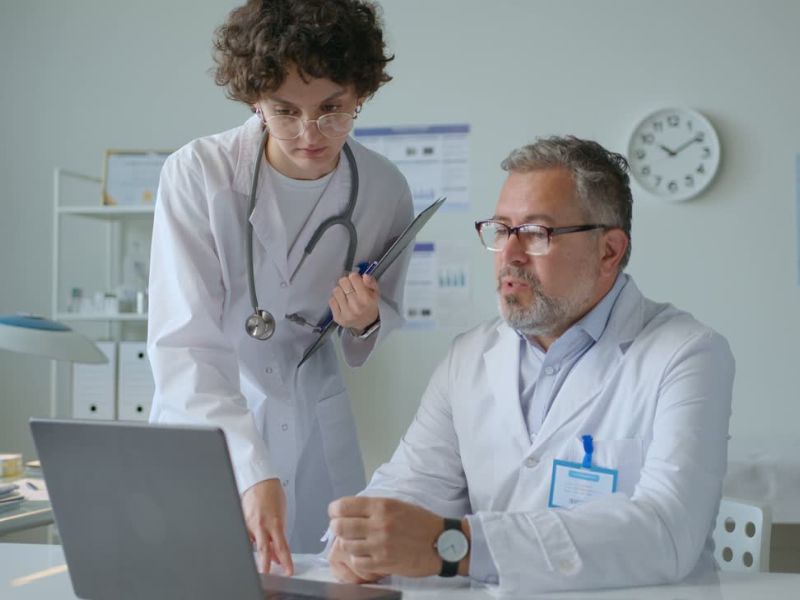 dva lekara gledaju u laptop u klinici