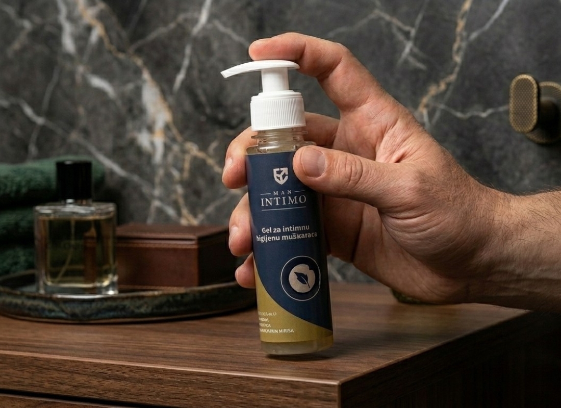 man intimo gel u ruci kod momka, pozadina polica na kojoj stoje parfemi i peškiri