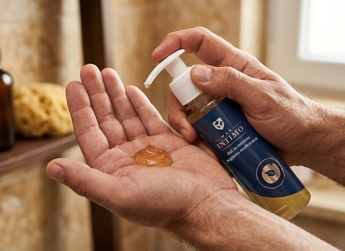 momak drži man initimo gel u jednoj ruci a u drugoj mu je malo gela na dlanu