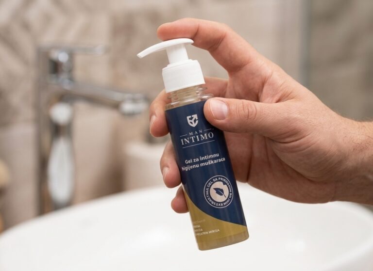 prikaz muške ruke koja drži man intimo gel u kupatilu