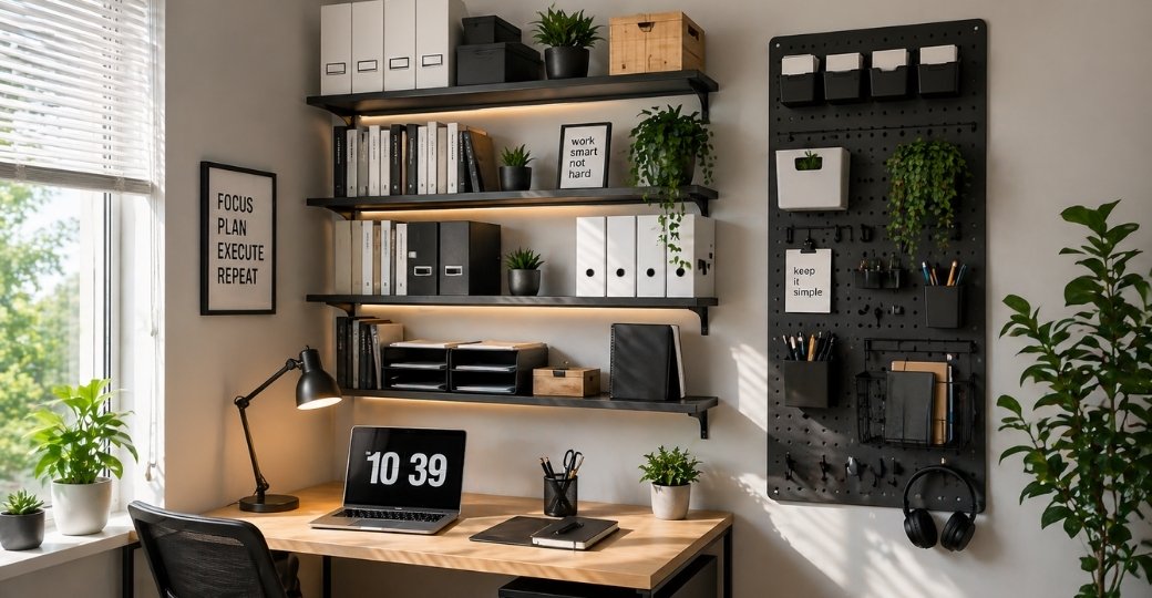 Moderan radni kutak sa naglaลกenim vertikalnim organizatorima, zidnim policama i pegboard panelom za odlaganje, uz uredan sto sa laptopom i prirodno svetlo