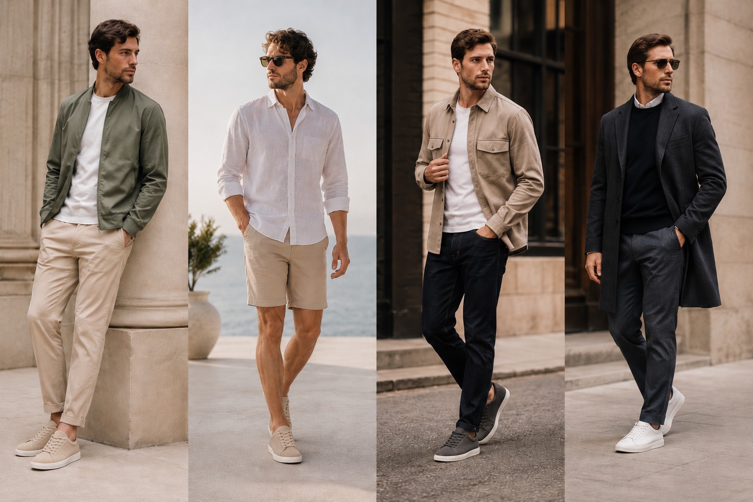 Muške odevne kombinacije sa patikama kroz različite sezone – četiri moderna outfita sa chino pantalonama, šortsem, farmerkama i kaputom