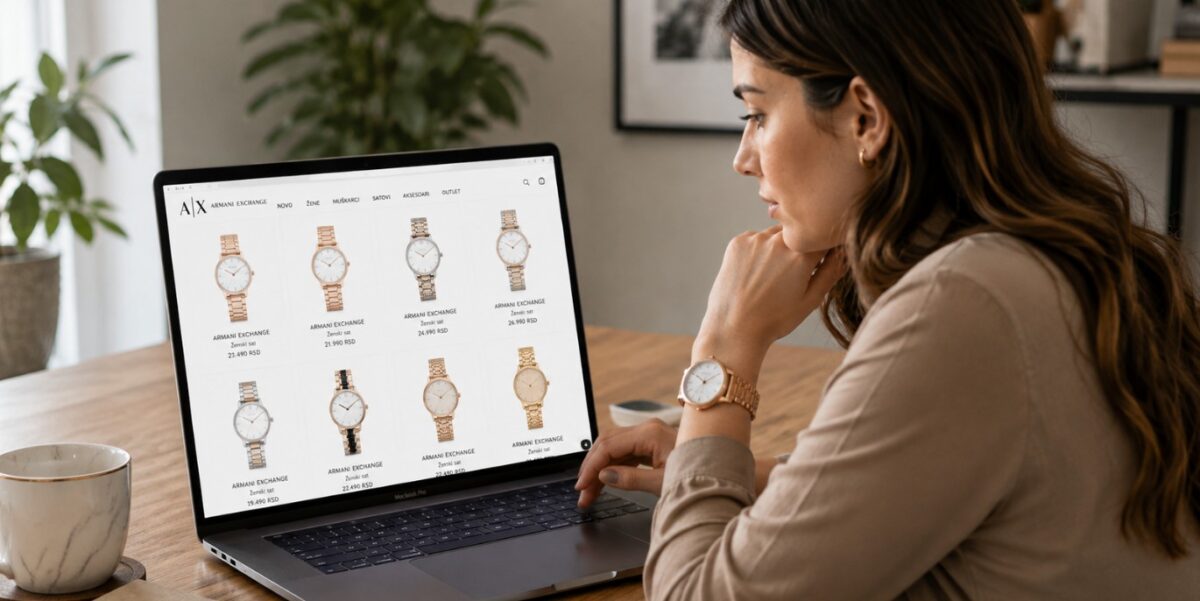 Žena pregledava Armani Exchange ženske satove na laptopu i upoređuje različite modele pre kupovine