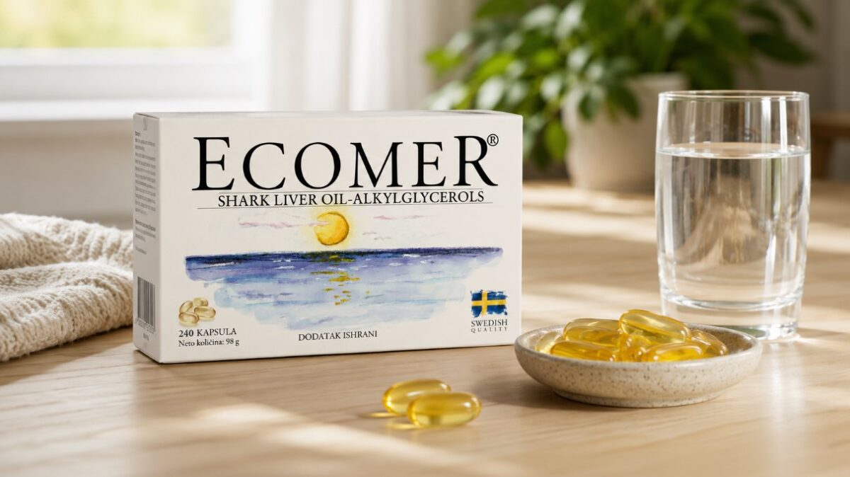 Ecomer kapsule sa alkilglicerolima uz čašu vode