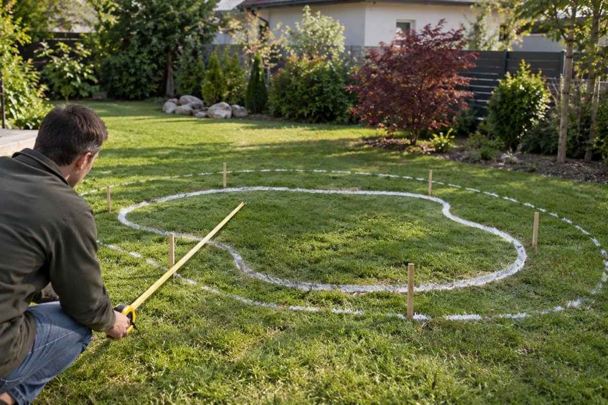 Merenje i obeležavanje prostora za baštensko jezerce u dvorištu.