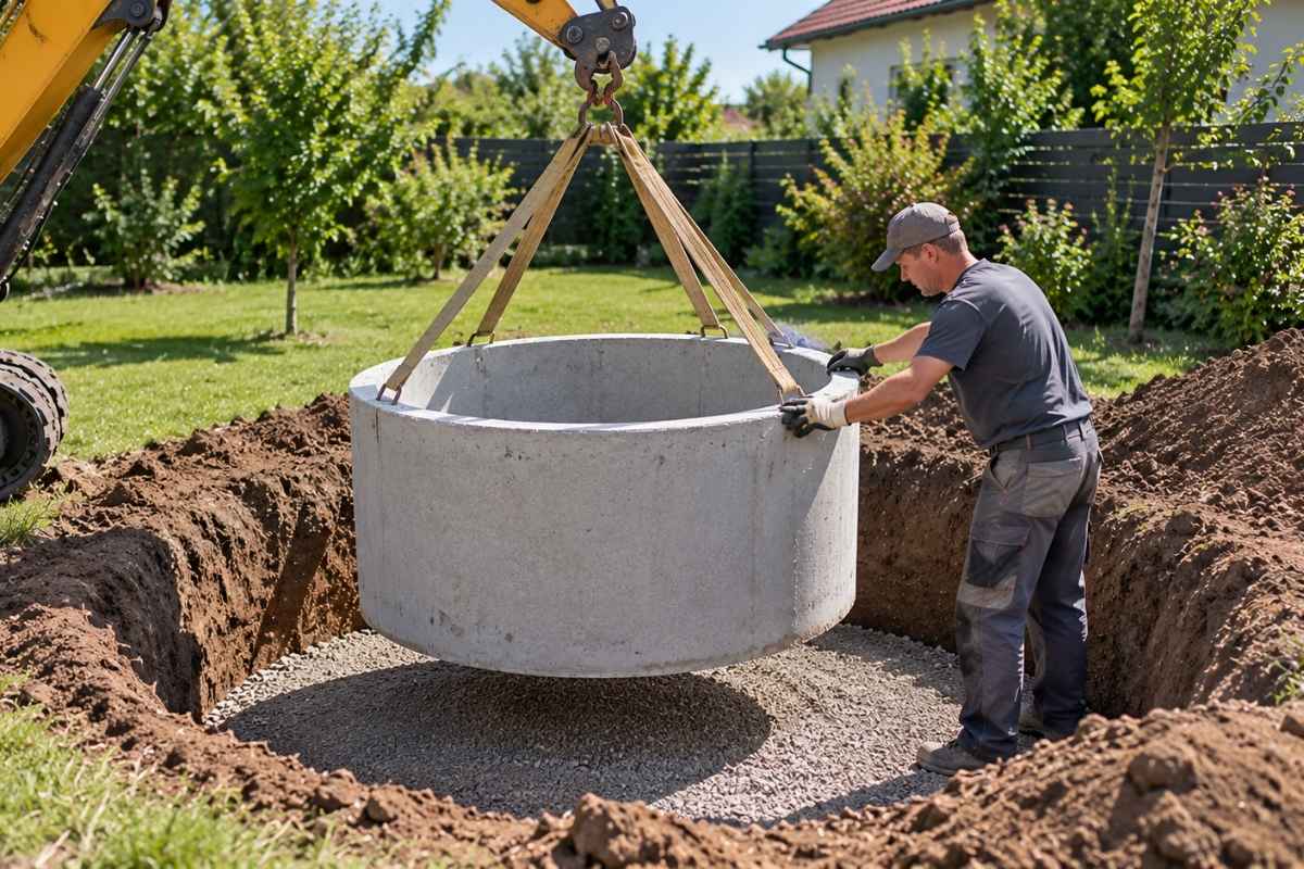 Betonska cev za jezerce spušta se bagerom u pripremljeni iskop u dvorištu.