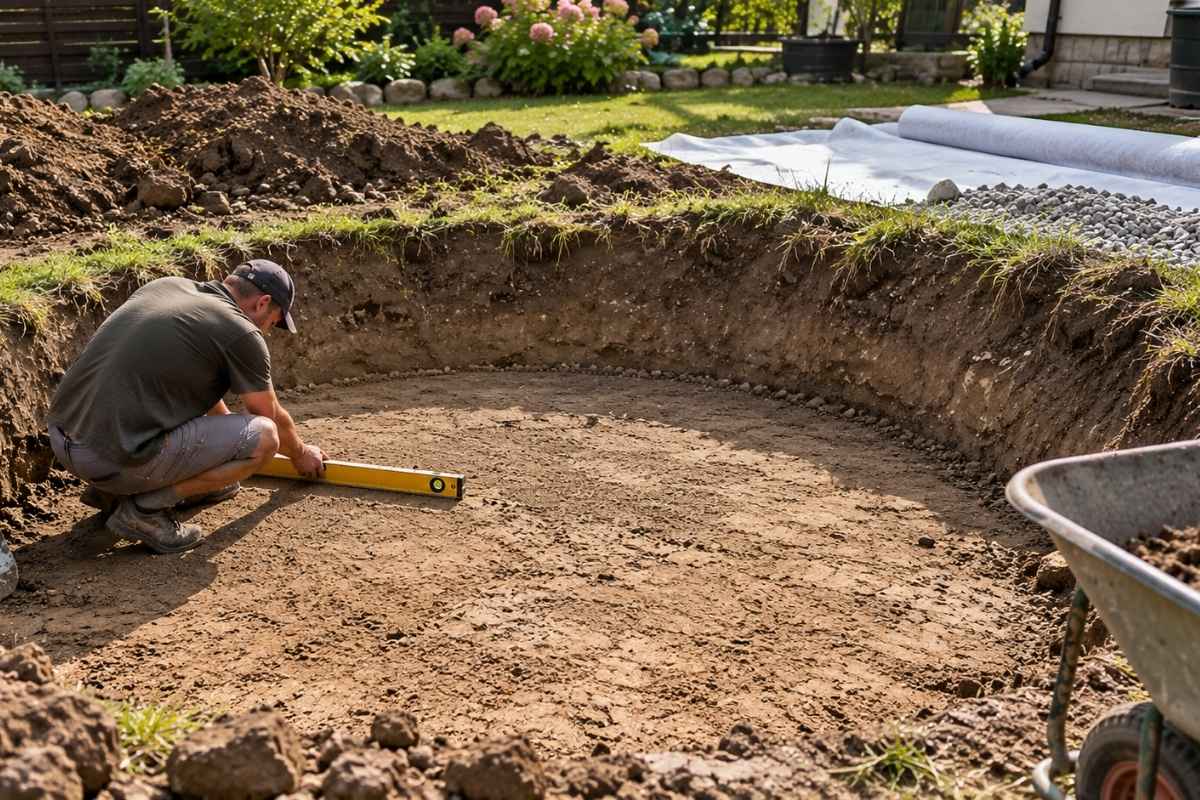 Provera ravnosti dna iskopa pre postavljanja betonskog elementa za baštensko jezerce.